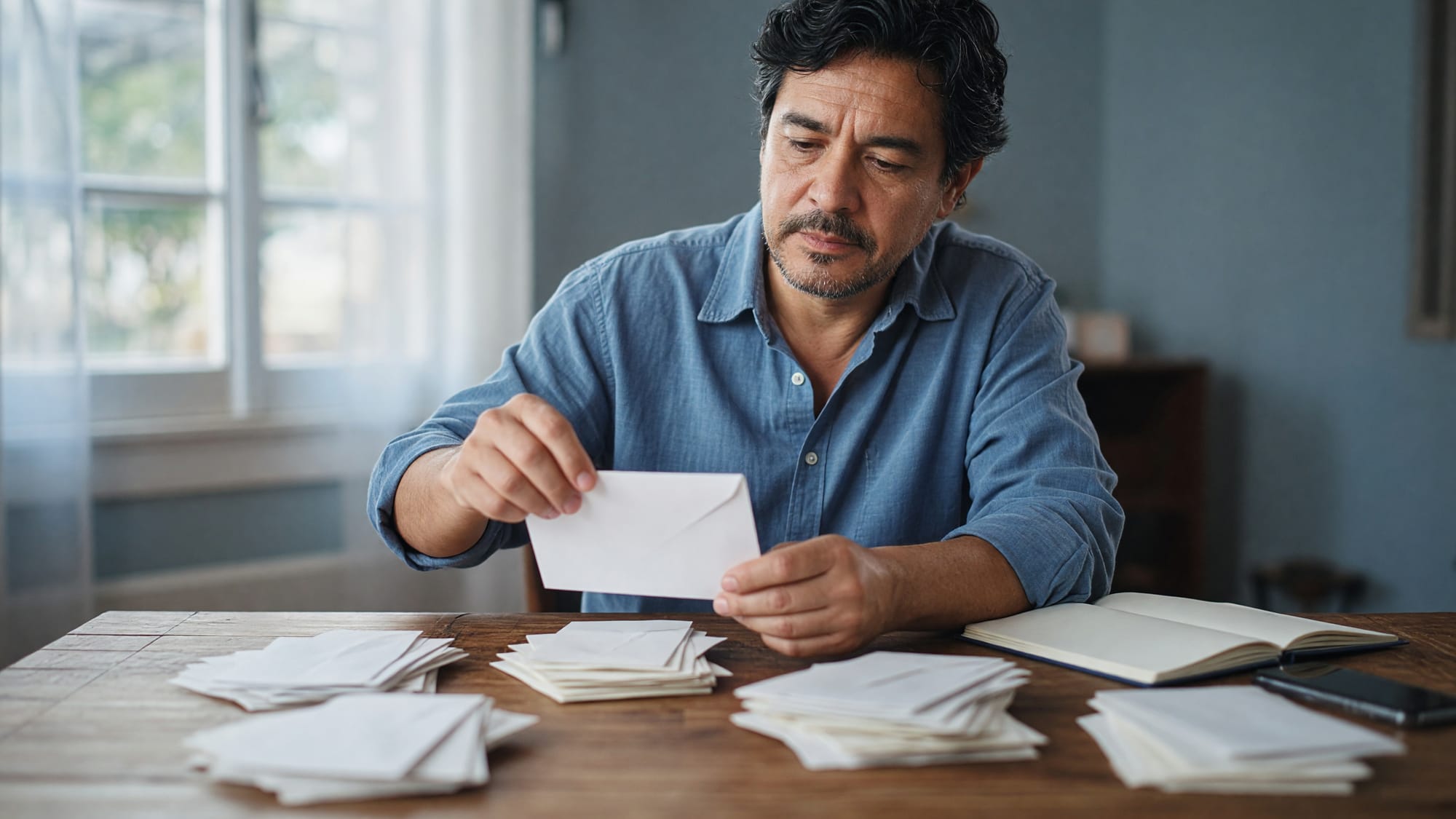 A man sorting his bills at a table