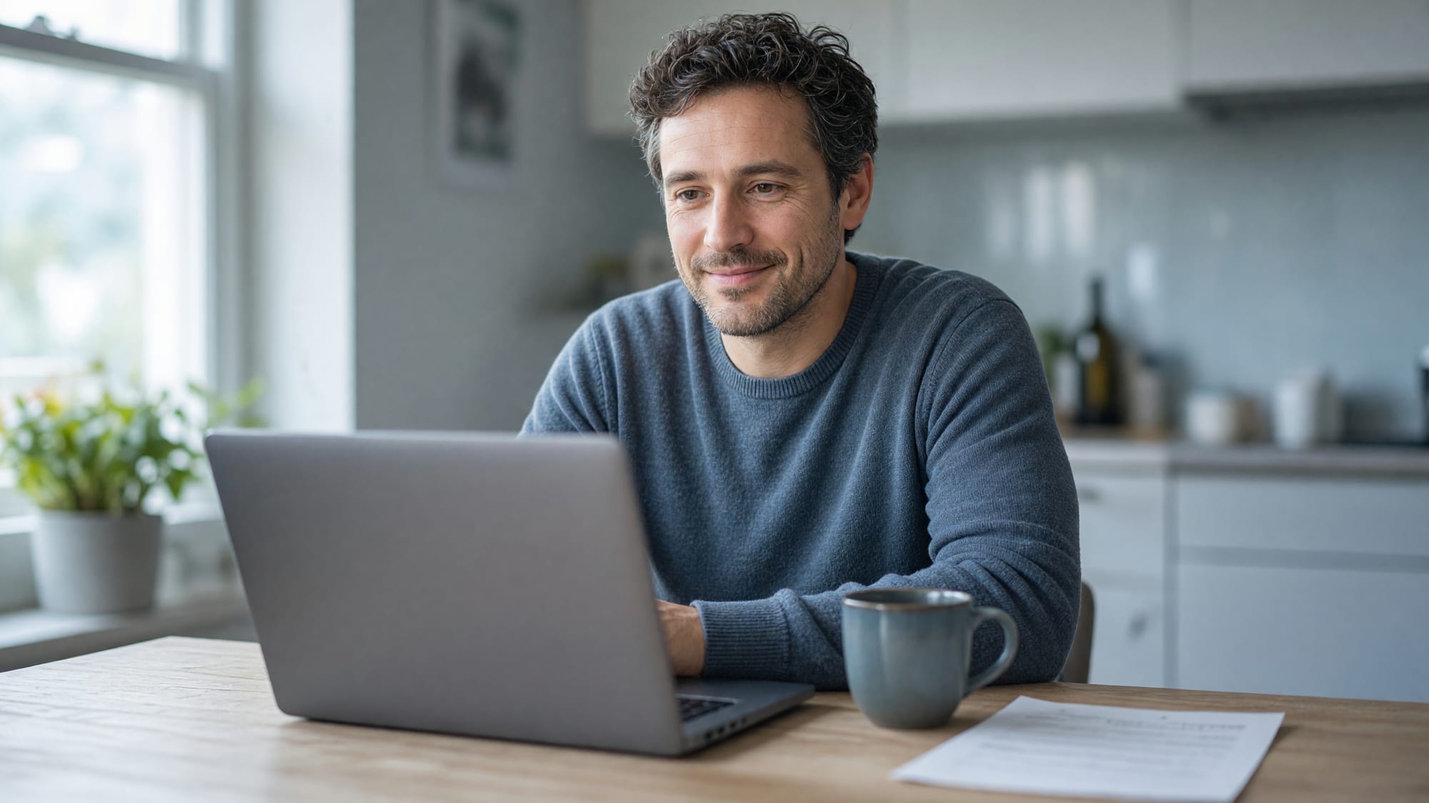 A man at his kitchen table on a video call, smiling