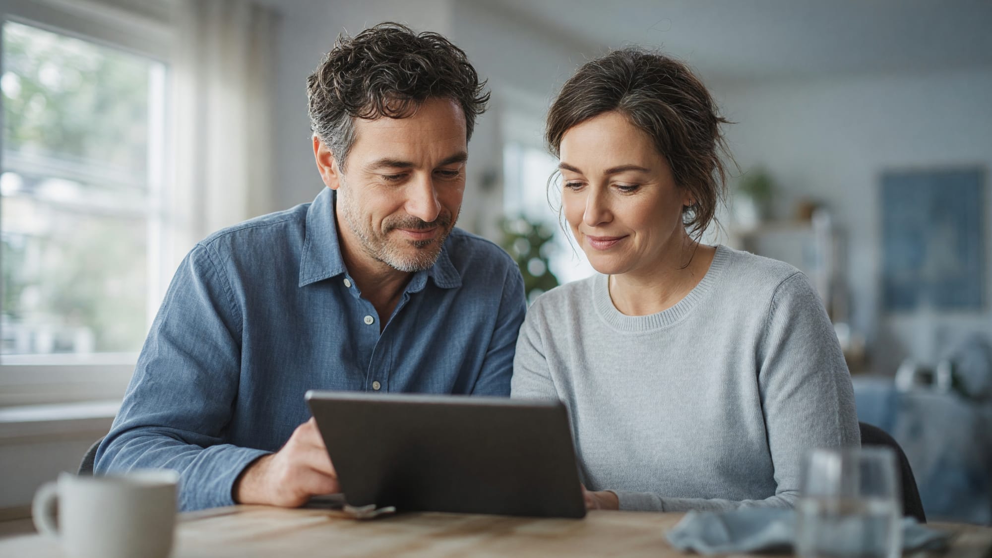 A couple looking over a retirement statement on a tablet